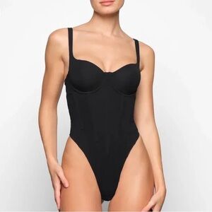 Skims Black Cotton Unlined Corset Bodysuit size S
